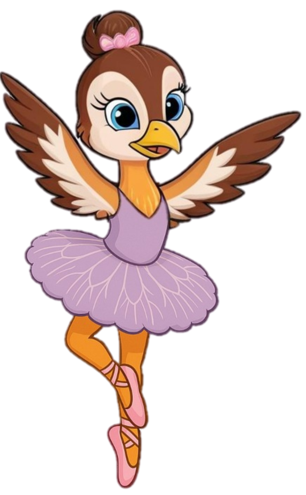 Falcolina, a mascote do baby class, em pé com roupas de ballet.
